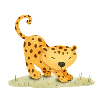 Cute baby leopard on meadow. Isolated hand drawn watercolor illustration of cheetah cub. African animal. Kid's Safari For baby shower, cards, posters, kid's goods and rooms vector