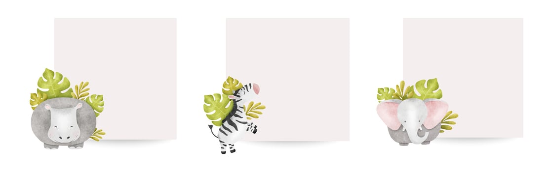 Set of Frames Of jungle animals like zebra, hippopotamus, Elephant and tropical leaves. Isolated hand drawn watercolor backgrounds. Templates of kid's rooms, children's baby shower cards vector