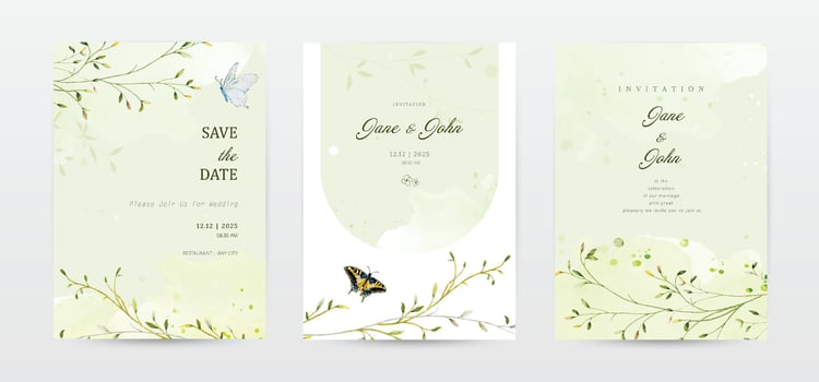 Set of watercolor leaves wedding invitation template cards vector