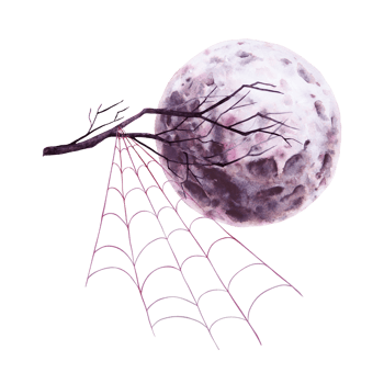Black full moon, tree branch and spider web. Watercolor hand drawn cut out isolated illustration. Round planet. Magical night satellite drawing for Halloween, astrology. Symbol of cyclic renewal png