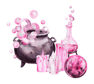 Black cauldron for brewing potions, glass transparent flask, bottle with pink liquid, magic ball of predictions, candles. Watercolor hand drawn clipart for Halloween. Attribute of witch, sorcerer png