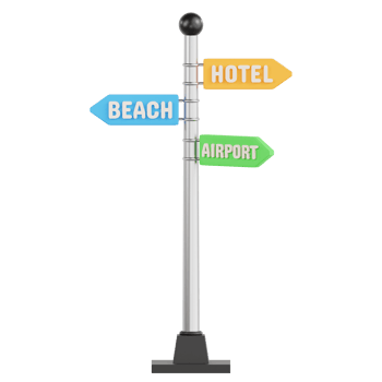 A sign pointing to the beach, airport and hotel png