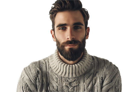 Bearded man in cozy knit sweater portrait. png
