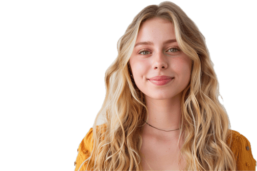 Portrait of Smiling Blonde Woman in Pink Sweater. png