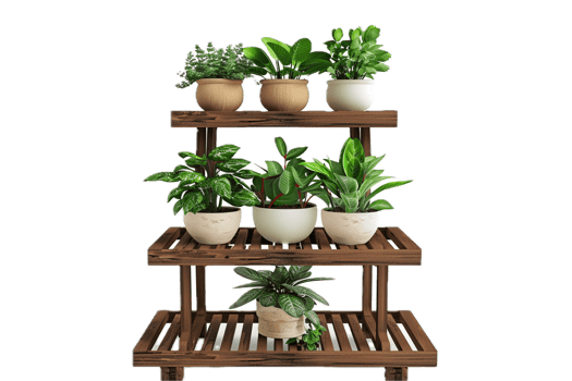 Wooden plant stand with potted indoor plants. png
