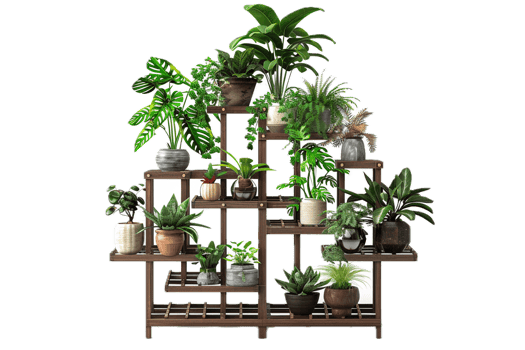 Tiered wooden shelf displaying green potted plants. png