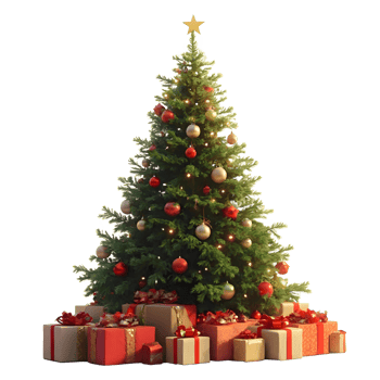 Decorated Christmas Tree with Wrapped Gifts png