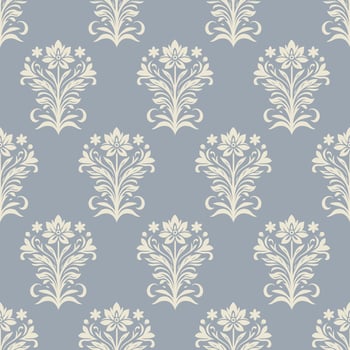 Seamless vintage damask floral pattern in cream on a soft blue background, perfect for elegant wallpaper, fabric design, home decor, and wedding invitations with a timeless and classic motif. vector
