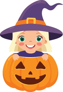 halloween cartoon cute smiling little witch in a pumpkin costume with a witch hat vector