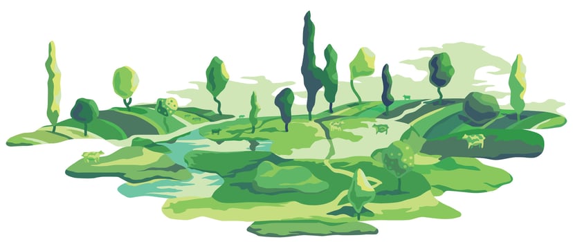 Village garden green meadows and beautiful fields with trees, nature hill landscape background. Rural panoramic with river vector