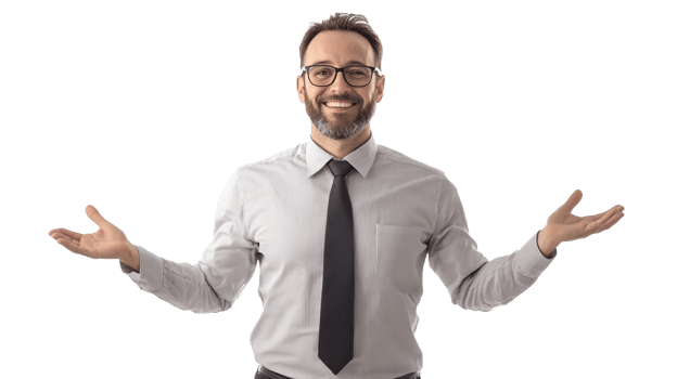 A man with glasses and a tie is standing with his arms out png