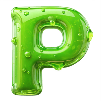 A green letter p with water droplets png