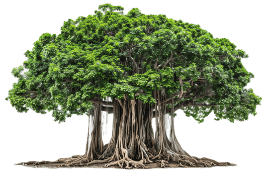 Banyan Tree with Extensive Root System and Green Leaves. png