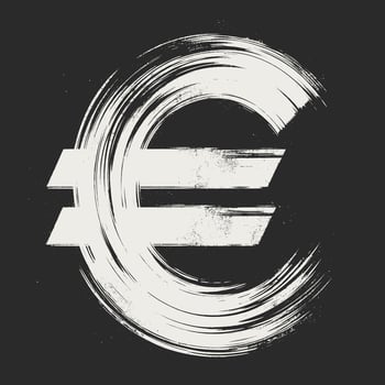 A stylized black and white Euro sign, rendered in a bold, abstract brushstroke style vector