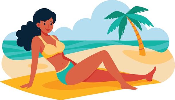 Woman sitting on a beach wearing a yellow swimsuit, symbolizing relaxation and tropical vacations vector