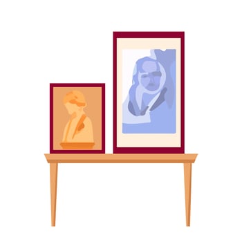 Gallery paintings at table in flat design. Artworks canvas at exhibition. illustration isolated. vector
