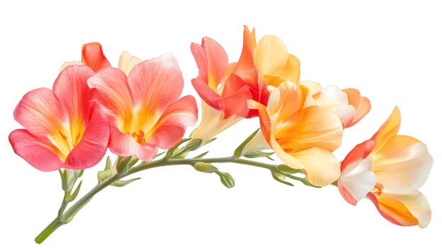 Vibrant bouquet of freesia flowers in pink, coral, and soft orange hues on a transparent background with lush green stems png
