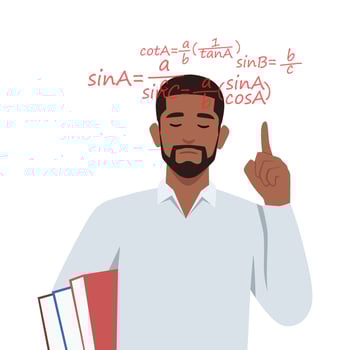 Young man thinks study math. Scientists with mathematical formulas and schemes. vector