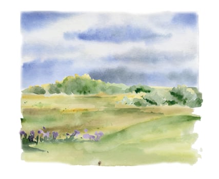 Scenery landscape, cloudy blue sky, green meadow field moorland pasture grass land with bushes flowers, hand drawn in watercolor. Illustration for resort ads, tourism, hiking camping sites vacation. vector