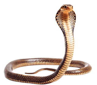 Close up of a coiled cobra with hood spread on transparent background png