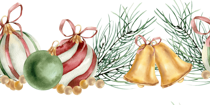 New year seamless banner with evergreen pine branches, golden bells and retro striped decorative balls. Watercolor clipart for Christmas eve decor, card, invitation, packing design. Vintage collection png