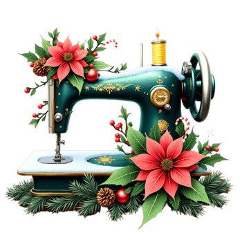 A vintage sewing machine, adorned with festive decorations such as poinsettias cutouts png