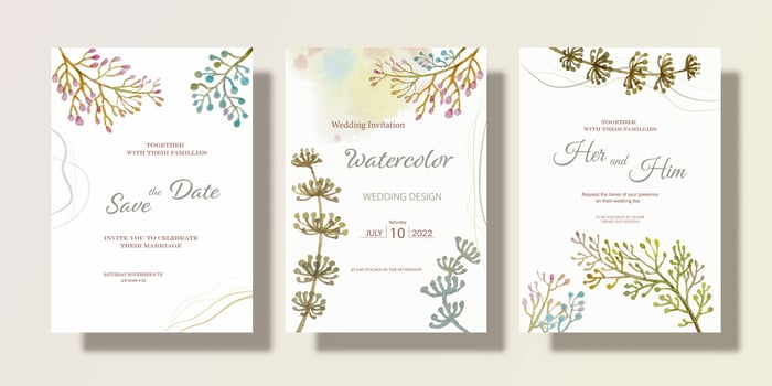 Wedding invitation card set with watercolor abstract flora paintings. vector