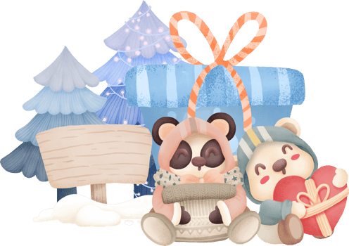 Cute little bear holding a gift with a wooden sign on the side in christmas day watercolour element png