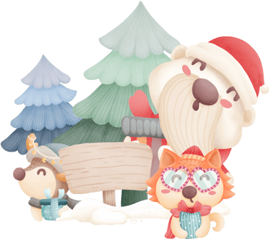Santa Claus, wolf, cute little deer holding gifts, with a wooden sign in the middle and a Christmas tree behind. watercolour element png