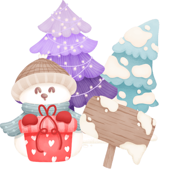 A snowman holding a present with two christmas trees behind him watercolour element png