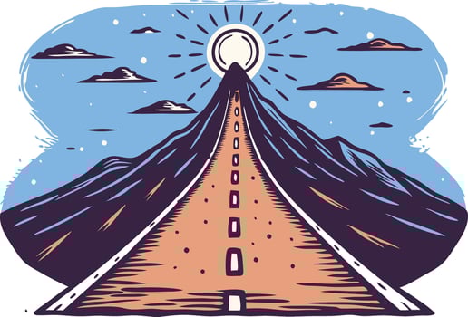 A long road leading toward a bright horizon and mountains, symbolizing hope, adventure, and the pursuit of goals in a dynamic landscape. vector