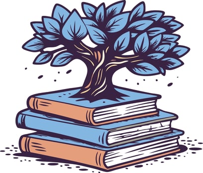 Stylized tree growing from a stack of books, symbolizing wisdom, learning, and the connection between knowledge and growth in a creative design. vector