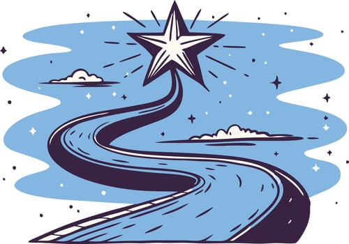 Stylized path leading to a shining star, symbolizing ambition, success, and the journey toward achievement in a conceptual and artistic illustration. vector