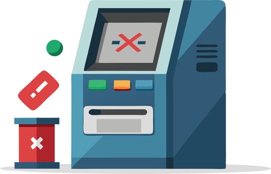 ATM machine with an error sign, representing financial problems, card issues, and money withdrawal troubles in a simple and modern illustration. vector