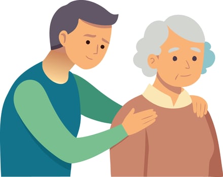 Illustration of a young man caring for an elderly woman, symbolizing caregiving, family support, and compassion in a warm and thoughtful design. vector