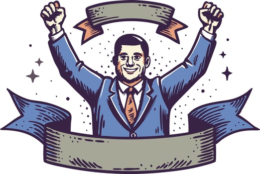 Illustration of a cheerful businessman raising his hands in triumph, symbolizing success and achievement vector