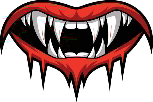 Illustration of vampire fangs with blood, symbolizing a creepy and spooky Halloween design vector