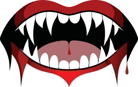 Illustration of vampire fangs with a bloody mouth symbolizing horror and Halloween themes vector
