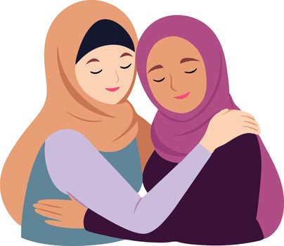 Close illustration of two Muslim women in hijabs hugging closely, reflecting love, comfort, and unity. vector