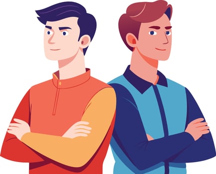 Illustration of two confident men standing backtoback with arms crossed, expressing strength and pride. vector