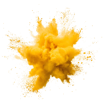 Yellow powder dust explosion blast flying isolated on transparent background png