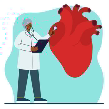 Elderly female cardiologist doctor conducts a medical examination of a human heart vector