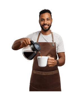 A man in an apron holding a cup of coffee png