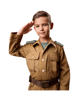 A young boy in a military uniform saluting png