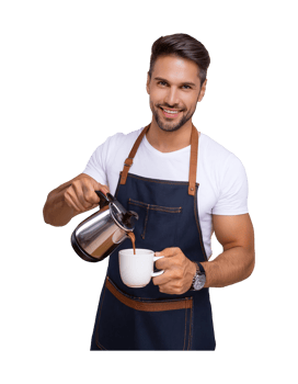 A man in an apron holding a cup of coffee png