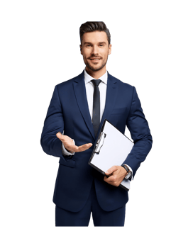 Businessman in suit holding clipboard and pointing png
