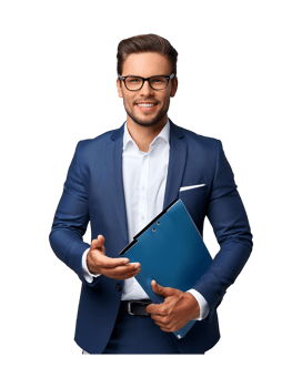 A man in a suit and glasses holding a blue folder png