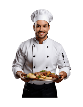 A male chef holding a plate with food png