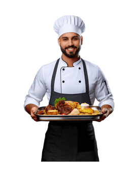 A chef holding a tray with food png