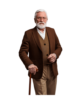 An old man with a cane and a brown jacket png